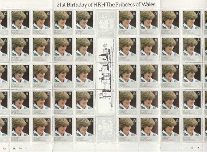 Falkland Islands Dependencies 1982 Princess Di's 21st Birthday 17p perf 13.5 variety complete folded sheet of 50, sympathetically folded between columns 3-4 and 7-8 to preserve the gutter, unmounted mint (SG 109a), stamps on , stamps on  stamps on royalty, stamps on diana
