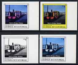 Equatorial Guinea 1977 Locomotives EK8 (Welsh Devil's Bridge) set of 4 imperf progressive proofs on ungummed paper comprising 1, 2, 3 and all 4 colours (as Mi 1148) , stamps on railways, stamps on bridges