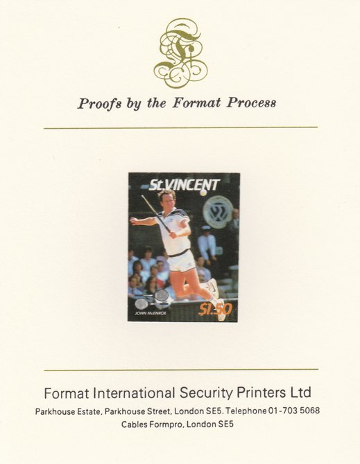 St Vincent 1987 International Tennis Players $1.50 John McEnroe imperf mounted on Format International Proof Card, as SG 1062, stamps on personalities, stamps on tennis, stamps on sport