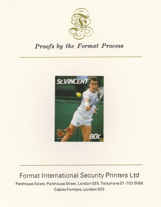 St Vincent 1987 International Tennis Players 80c Ivan Lendl imperf mounted on Format International Proof Card, as SG 1059, stamps on personalities, stamps on tennis, stamps on sport