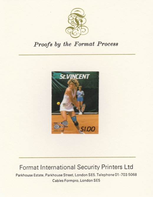 St Vincent 1987 International Tennis Players $1 Chris Evert imperf mounted on Format International Proof Card, as SG 1060, stamps on personalities, stamps on tennis, stamps on sport