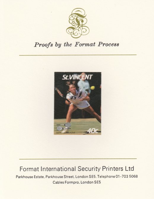 St Vincent 1987 International Tennis Players 40c Hanna Mandikova imperf mounted on Format International Proof Card, as SG 1057, stamps on personalities, stamps on tennis, stamps on sport
