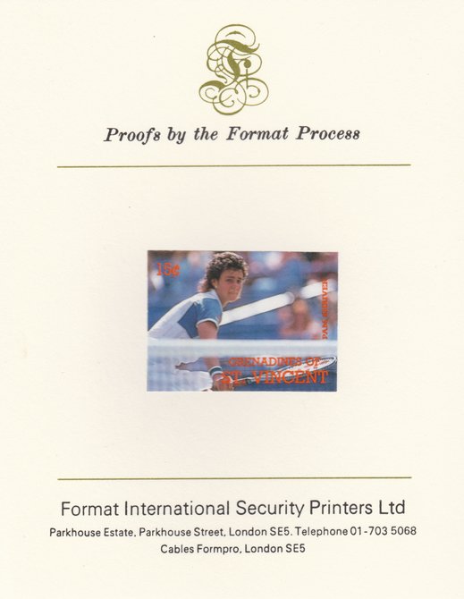 St Vincent - Grenadines 1988 International Tennis Players 15c Pam Shriver imperf mounted on Format International Proof Card, as SG 582, stamps on , stamps on  stamps on personalities, stamps on  stamps on tennis, stamps on  stamps on sport