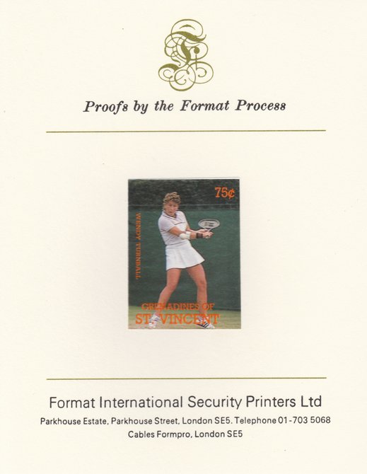St Vincent - Grenadines 1988 International Tennis Players 75c Wendy Turnbull imperf mounted on Format International Proof Card, as SG 584, stamps on , stamps on  stamps on personalities, stamps on  stamps on tennis, stamps on  stamps on sport