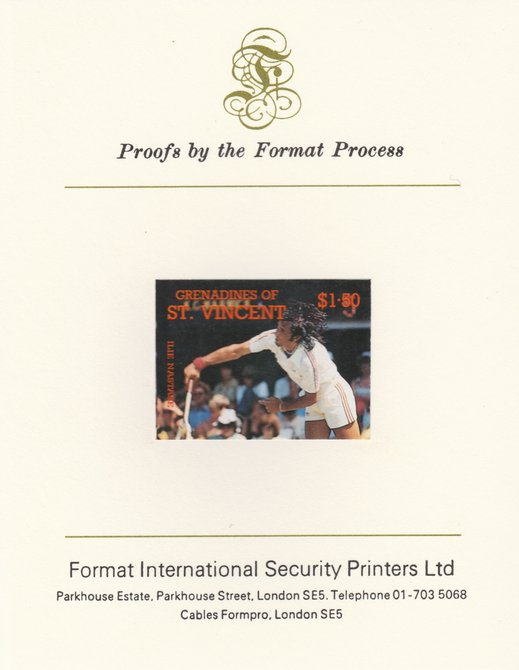 St Vincent - Grenadines 1988 International Tennis Players $1.50 Ilie Nastase imperf mounted on Format International Proof Card, as SG 586, stamps on personalities, stamps on tennis, stamps on sport