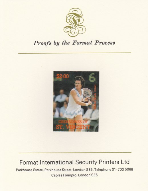 St Vincent - Grenadines 1988 International Tennis Players $2 Billie Jean King imperf mounted on Format International Proof Card, as SG 587, stamps on personalities, stamps on tennis, stamps on sport