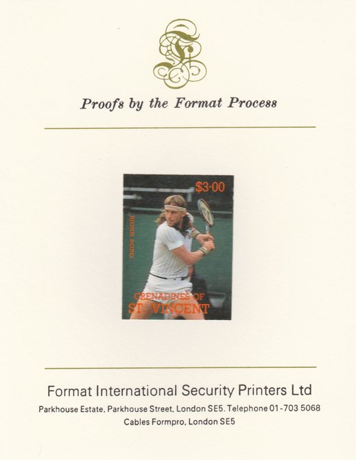 St Vincent - Grenadines 1988 International Tennis Players $3 Bjorn Borg imperf mounted on Format International Proof Card, as SG 588, stamps on personalities, stamps on tennis, stamps on sport