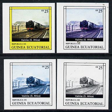Equatorial Guinea 1977 Locomotives EK25 (S African Vailima) set of 4 imperf progressive proofs on ungummed paper comprising 1, 2, 3 and all 4 colours (as Mi 1149) , stamps on railways