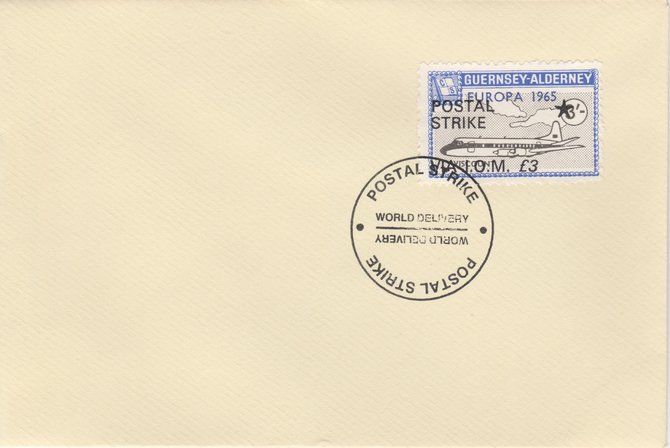 Guernsey - Alderney 1971 Postal Strike cover to Isle of Man bearing Viscount 3s overprinted Europa 1965 additionally overprinted POSTAL STRIKE VIA IOM Â£3 cancelled wit..., stamps on aviation, stamps on europa, stamps on strike, stamps on viscount