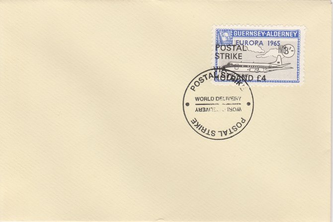 Guernsey - Alderney 1971 Postal Strike cover to Holland bearing Viscount 3s overprinted Europa 1965 additionally overprinted POSTAL STRIKE VIA HOLLAND Â£4 cancelled wit..., stamps on aviation, stamps on europa, stamps on strike, stamps on viscount
