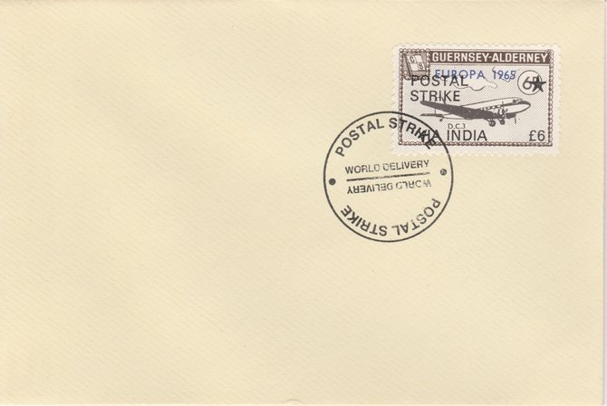 Guernsey - Alderney 1971 Postal Strike cover to India bearing DC-3 6d overprinted Europa 1965 additionally overprinted POSTAL STRIKE VIA INDIA Â£6 cancelled with World ..., stamps on aviation, stamps on europa, stamps on strike, stamps on viscount