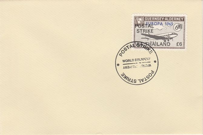 Guernsey - Alderney 1971 Postal Strike cover to Thailand bearing DC-3 6d overprinted Europa 1965 additionally overprinted POSTAL STRIKE VIA THAILAND Â£6 cancelled with ..., stamps on aviation, stamps on europa, stamps on strike, stamps on viscount