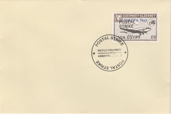Guernsey - Alderney 1971 Postal Strike cover to Egypt bearing DC-3 6d overprinted Europa 1965 additionally overprinted 'POSTAL STRIKE VIA EGYPT Â£6' cancelled with World Delivery postmark, stamps on , stamps on  stamps on aviation, stamps on  stamps on europa, stamps on  stamps on strike, stamps on  stamps on viscount
