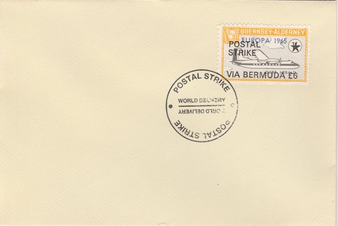 Guernsey - Alderney 1971 Postal Strike cover to Bermuda bearing Dart Herald 1s overprinted Europa 1965 additionally overprinted POSTAL STRIKE VIA BERMUDA Â£6 cancelled ..., stamps on aviation, stamps on europa, stamps on strike, stamps on viscount
