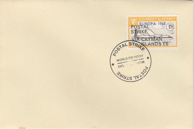 Guernsey - Alderney 1971 Postal Strike cover to Cayman Islands bearing Dart Herald 1s overprinted Europa 1965 additionally overprinted 'POSTAL STRIKE VIA CAYMAN ISLANDS Â£6' cancelled with World Delivery postmark, stamps on , stamps on  stamps on aviation, stamps on  stamps on europa, stamps on  stamps on strike, stamps on  stamps on viscount