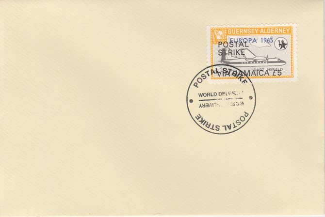 Guernsey - Alderney 1971 Postal Strike cover to Jamaica bearing Dart Herald 1s overprinted Europa 1965 additionally overprinted POSTAL STRIKE VIA JAMAICA Â£5 cancelled ..., stamps on aviation, stamps on europa, stamps on strike, stamps on viscount