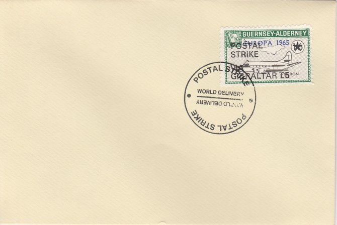 Guernsey - Alderney 1971 Postal Strike cover to Gibraltar bearing Heron 1s6d overprinted Europa 1965 additionally overprinted POSTAL STRIKE VIA GIBRALTAR Â£5 cancelled ..., stamps on aviation, stamps on europa, stamps on strike, stamps on heron