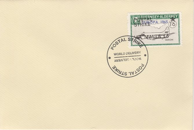 Guernsey - Alderney 1971 Postal Strike cover to Malta bearing Heron 1s6d overprinted Europa 1965 additionally overprinted POSTAL STRIKE VIA MALTA Â£5 cancelled with Wor..., stamps on aviation, stamps on europa, stamps on strike, stamps on viscount