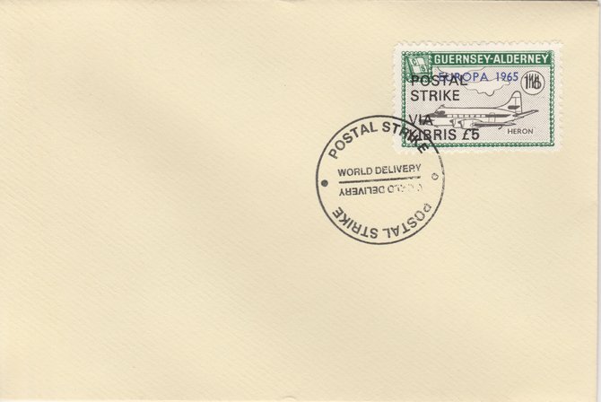 Guernsey - Alderney 1971 Postal Strike cover to Kibris bearing Heron 1s6d overprinted Europa 1965 additionally overprinted 'POSTAL STRIKE VIA KIBRIS Â£5' cancelled with World Delivery postmark, stamps on aviation, stamps on europa, stamps on strike, stamps on viscount