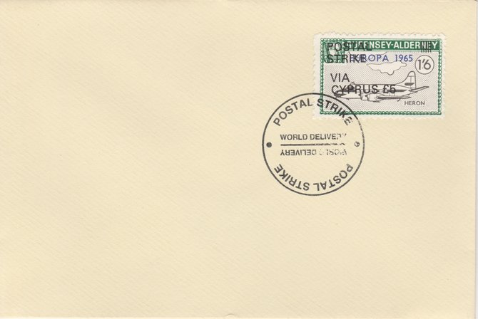 Guernsey - Alderney 1971 Postal Strike cover to Cyprus bearing Heron 1s6d overprinted Europa 1965 additionally overprinted 'POSTAL STRIKE VIA CYPRUS Â£5' cancelled with World Delivery postmark, stamps on , stamps on  stamps on aviation, stamps on  stamps on europa, stamps on  stamps on strike, stamps on  stamps on viscount