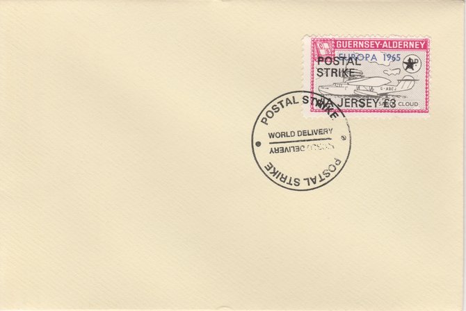 Guernsey - Alderney 1971 Postal Strike cover to Jersey bearing Flying Boat Saro Cloud 3d overprinted Europa 1965 additionally overprinted 'POSTAL STRIKE VIA JERSEY Â£3' cancelled with World Delivery postmark, stamps on aviation, stamps on europa, stamps on strike, stamps on viscount