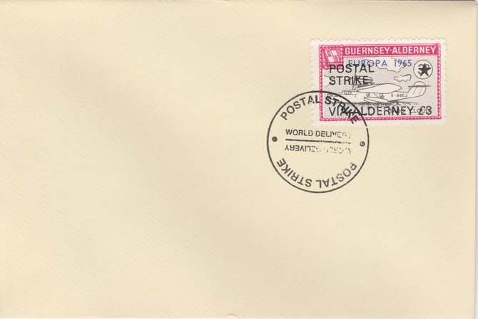 Guernsey - Alderney 1971 Postal Strike cover to Alderney bearing Flying Boat Saro Cloud 3d overprinted Europa 1965 additionally overprinted 'POSTAL STRIKE VIA ALDERNEY Â£3' cancelled with World Delivery postmark, stamps on aviation, stamps on europa, stamps on strike, stamps on viscount