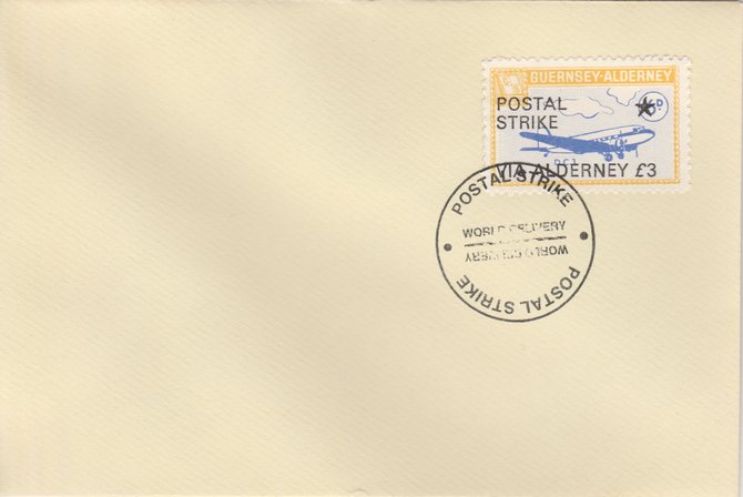 Guernsey - Alderney 1971 Postal Strike cover to Alderney bearing 1967 DC-3 6d overprinted 'POSTAL STRIKE VIA ALDERNEY Â£3' cancelled with World Delivery postmark, stamps on aviation, stamps on europa, stamps on strike, stamps on viscount