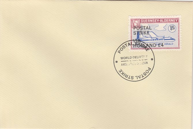 Guernsey - Alderney 1971 Postal Strike cover to Holland bearing 1967 Dart Herald 1s overprinted POSTAL STRIKE VIA HOLLAND Â£4 cancelled with World Delivery postmark, stamps on aviation, stamps on europa, stamps on strike, stamps on viscount