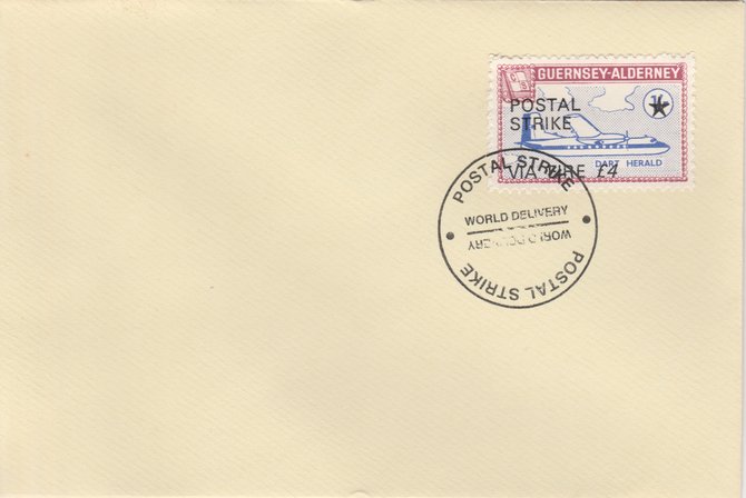 Guernsey - Alderney 1971 Postal Strike cover to Ireland bearing 1967 Dart Herald 1s overprinted 'POSTAL STRIKE VIA EIRE Â£4' cancelled with World Delivery postmark, stamps on , stamps on  stamps on aviation, stamps on  stamps on europa, stamps on  stamps on strike, stamps on  stamps on viscount