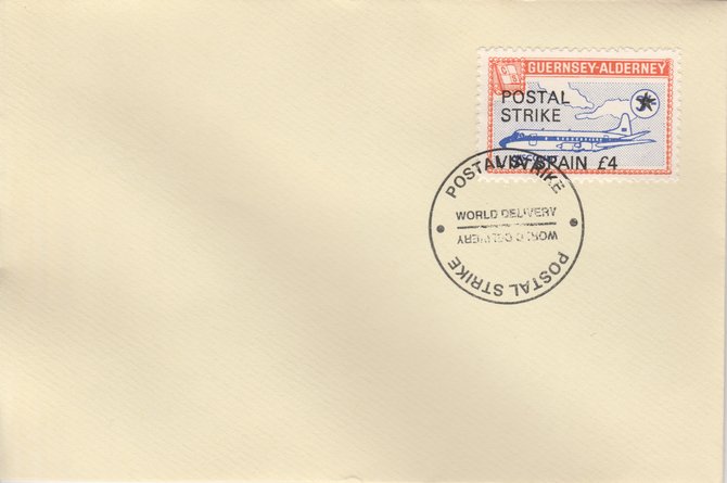 Guernsey - Alderney 1971 Postal Strike cover to Spain bearing 1967 Viscount 3s overprinted POSTAL STRIKE VIA SPAIN Â£4 cancelled with World Delivery postmark, stamps on aviation, stamps on europa, stamps on strike, stamps on viscount