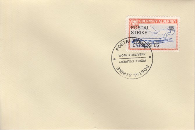 Guernsey - Alderney 1971 Postal Strike cover to Cyprus bearing 1967 Viscount 3s overprinted 'POSTAL STRIKE VIA CYPRUS Â£5' cancelled with World Delivery postmark, stamps on aviation, stamps on europa, stamps on strike, stamps on viscount