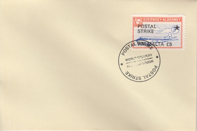 Guernsey - Alderney 1971 Postal Strike cover to Malta bearing 1967 Viscount 3s overprinted POSTAL STRIKE VIA MALTA Â£5 cancelled with World Delivery postmark, stamps on aviation, stamps on europa, stamps on strike, stamps on viscount