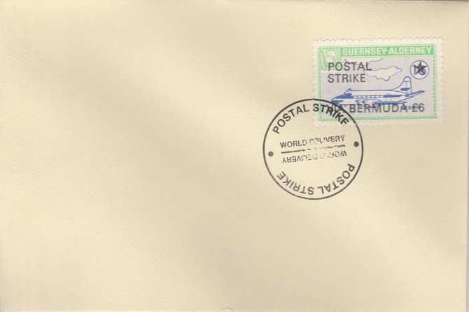 Guernsey - Alderney 1971 Postal Strike cover to Bermuda bearing 1967 Heron 1s6d overprinted POSTAL STRIKE VIA BERMUDA Â£6 cancelled with World Delivery postmark, stamps on aviation, stamps on europa, stamps on strike, stamps on viscount