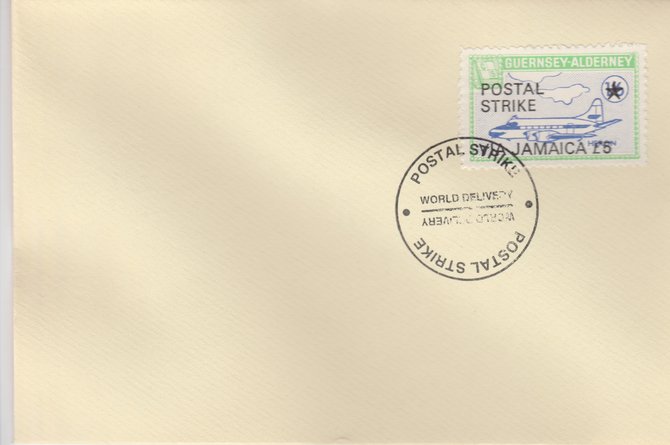 Guernsey - Alderney 1971 Postal Strike cover to Jamaica bearing 1967 Heron 1s6d overprinted POSTAL STRIKE VIA JAMAICA Â£5 cancelled with World Delivery postmark, stamps on aviation, stamps on europa, stamps on strike, stamps on viscount