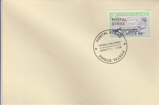 Guernsey - Alderney 1971 Postal Strike cover to Cayman Islands bearing 1967 Heron 1s6d overprinted POSTAL STRIKE VIA CAYMAN ISLANDS Â£6 cancelled with World Delivery po..., stamps on aviation, stamps on europa, stamps on strike, stamps on viscount
