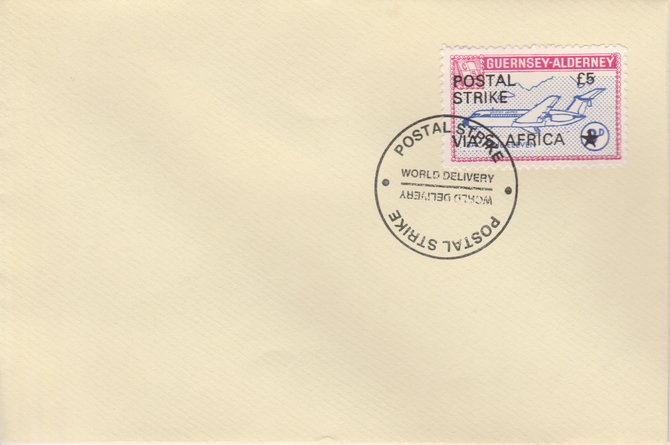 Guernsey - Alderney 1971 Postal Strike cover to South Africa bearing 1967 BAC One-Eleven 3d overprinted POSTAL STRIKE VIA S AFRICA Â£5 cancelled with World Delivery pos..., stamps on aviation, stamps on europa, stamps on strike, stamps on viscount