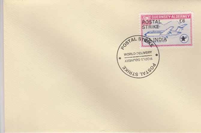 Guernsey - Alderney 1971 Postal Strike cover to India bearing 1967 BAC One-Eleven 3d overprinted 'POSTAL STRIKE VIA INDIA Â£6' cancelled with World Delivery postmark, stamps on aviation, stamps on europa, stamps on strike, stamps on viscount