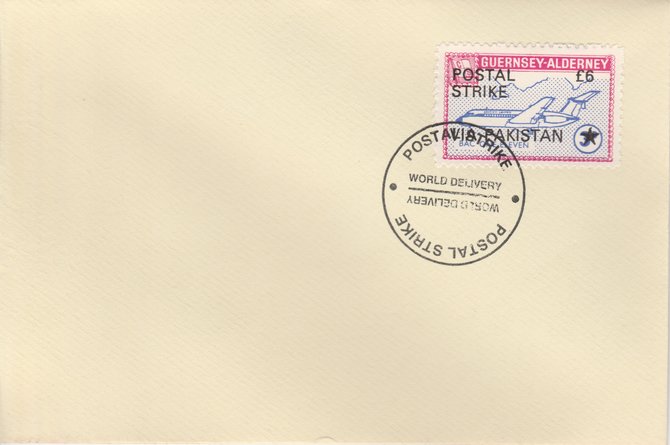Guernsey - Alderney 1971 Postal Strike cover to Pakistan bearing 1967 BAC One-Eleven 3d overprinted POSTAL STRIKE VIA PAKISTAN Â£6 cancelled with World Delivery postmar..., stamps on aviation, stamps on europa, stamps on strike, stamps on viscount