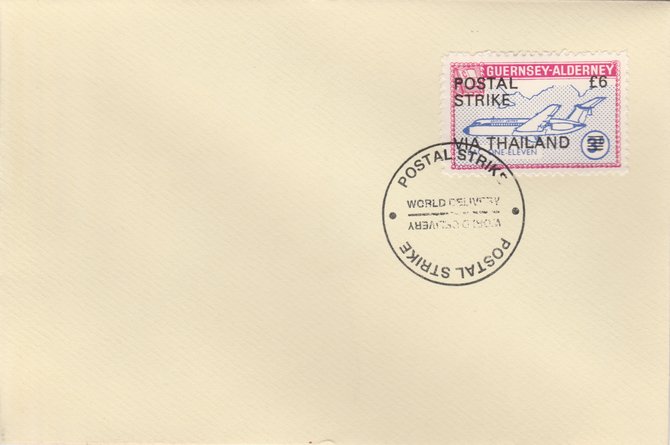 Guernsey - Alderney 1971 Postal Strike cover to Thailand bearing 1967 BAC One-Eleven 3d overprinted 'POSTAL STRIKE VIA THAILAND Â£6' cancelled with World Delivery postmark, stamps on aviation, stamps on europa, stamps on strike, stamps on viscount