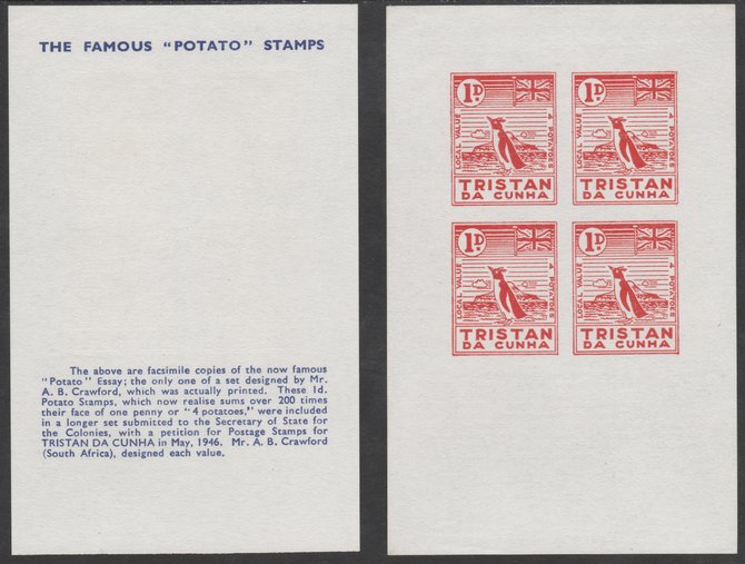 Tristan da Cunha - reprint sheetlet containing block of 4 Potato essays designed by A B Crawford (1d value = 4 potatoes) A superb group of three: a) with RED OMITTED (mai..., stamps on penguins, stamps on cinderella