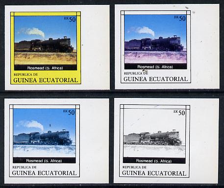 Equatorial Guinea 1977 Locomotives EK50 (S African Rosmead) set of 4 imperf progressive proofs on ungummed paper comprising 1, 2, 3 and all 4 colours (as Mi 1150) , stamps on railways