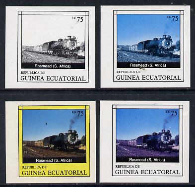 Equatorial Guinea 1977 Locomotives EK75 (S African Rosmead) set of 4 imperf progressive proofs on ungummed paper comprising 1, 2, 3 and all 4 colours (as Mi 1151) , stamps on railways