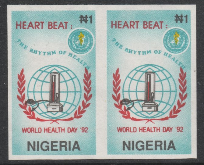 Nigeria 1992 World Health Day (Heart) 1n imperf pair unmounted mint as SG 626, stamps on medical, stamps on heart