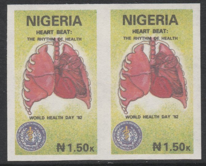 Nigeria 1992 World Health Day (Heart) 1n50 imperf pair unmounted mint as SG 627, stamps on medical, stamps on heart