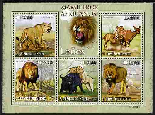 St Thomas & Prince Islands 2010 Animals of Africa - Lions perf sheetlet containing 5 values unmounted mint , stamps on animals, stamps on lions, stamps on cats