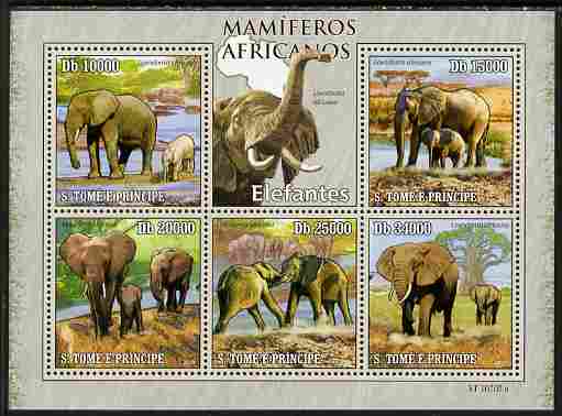 St Thomas & Prince Islands 2010 Animals of Africa - Elephants perf sheetlet containing 5 values unmounted mint , stamps on animals, stamps on elephants