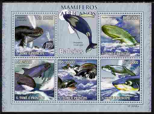 St Thomas & Prince Islands 2010 Animals of Africa - Whales perf sheetlet containing 5 values unmounted mint , stamps on animals, stamps on mammals, stamps on whales, stamps on marine life
