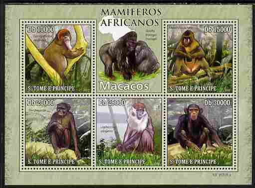 St Thomas & Prince Islands 2010 Animals of Africa - Monkeys perf sheetlet containing 5 values unmounted mint , stamps on animals, stamps on monkeys, stamps on apes