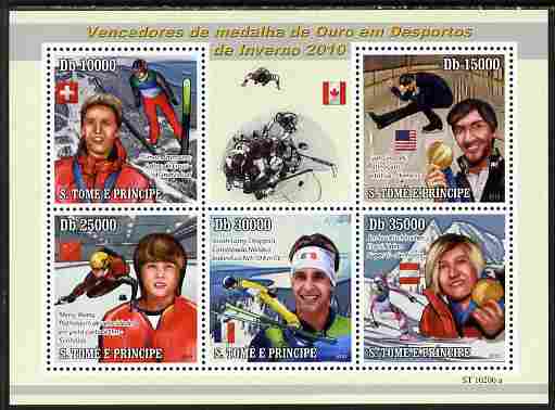 St Thomas & Prince Islands 2010 Winter Sports perf sheetlet containing 5 values unmounted mint , stamps on sport, stamps on skiing, stamps on ice skating, stamps on 