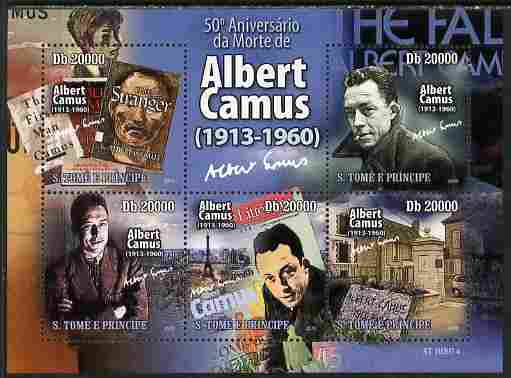 St Thomas & Prince Islands 2010 Albert Camus (author) perf sheetlet containing 5 values unmounted mint , stamps on personalities, stamps on literature, stamps on eiffel tower